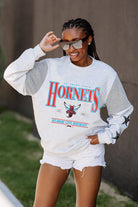 DELAWARE STATE HORNETS SHINING SPIRIT CREWNECK FLEECE WITH JERSEY MESH CONTRASTING SHOULDER INSERT AND RIBBED CUFFS AND WAISTBAND