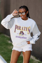 EAST CAROLINA PIRATES SHINING SPIRIT CREWNECK FLEECE WITH JERSEY MESH CONTRASTING SHOULDER INSERT AND RIBBED CUFFS AND WAISTBAND