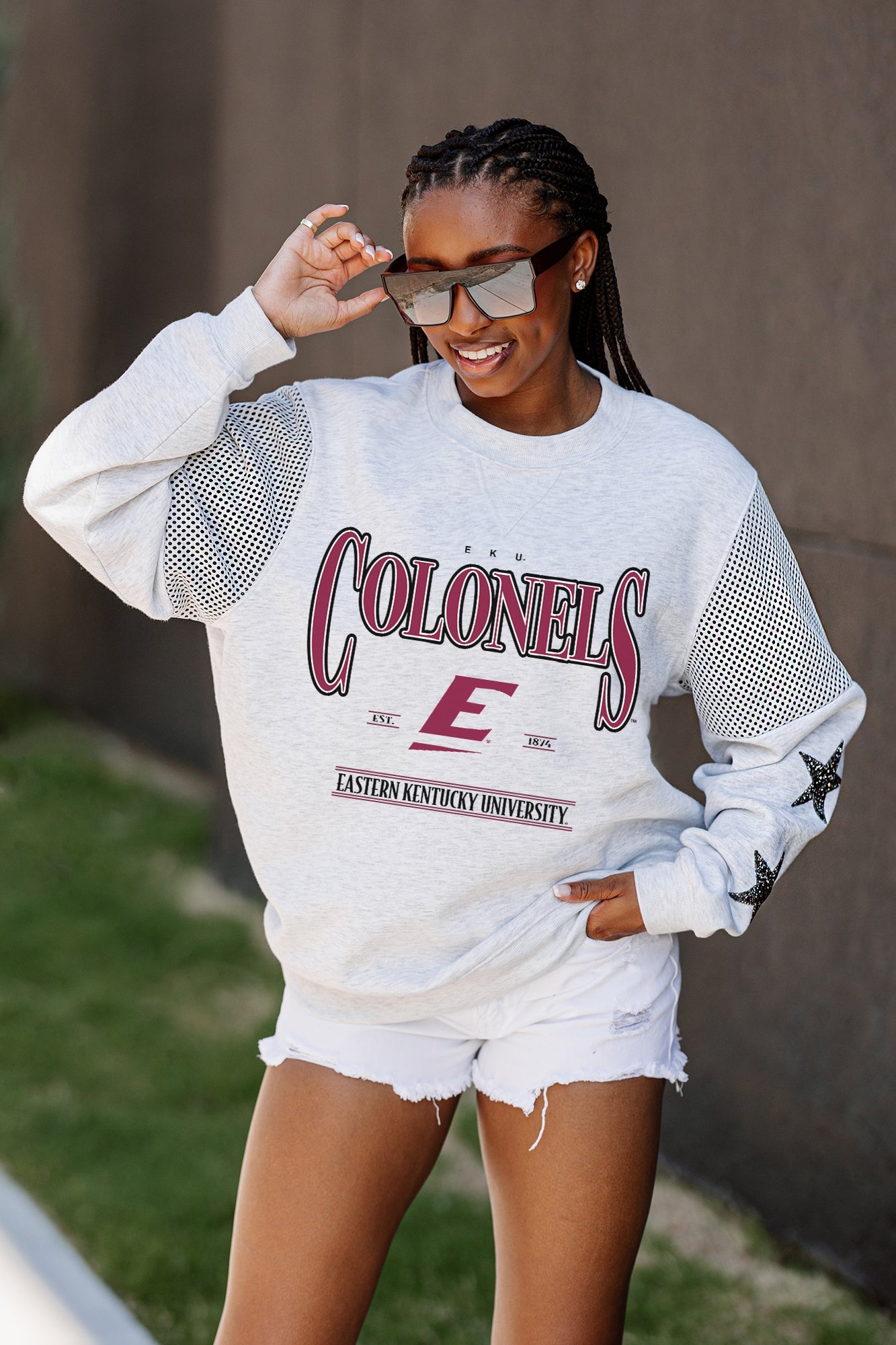 EASTERN KENTUCKY COLONELS SHINING SPIRIT CREWNECK FLEECE WITH JERSEY MESH CONTRASTING SHOULDER INSERT AND RIBBED CUFFS AND WAISTBAND