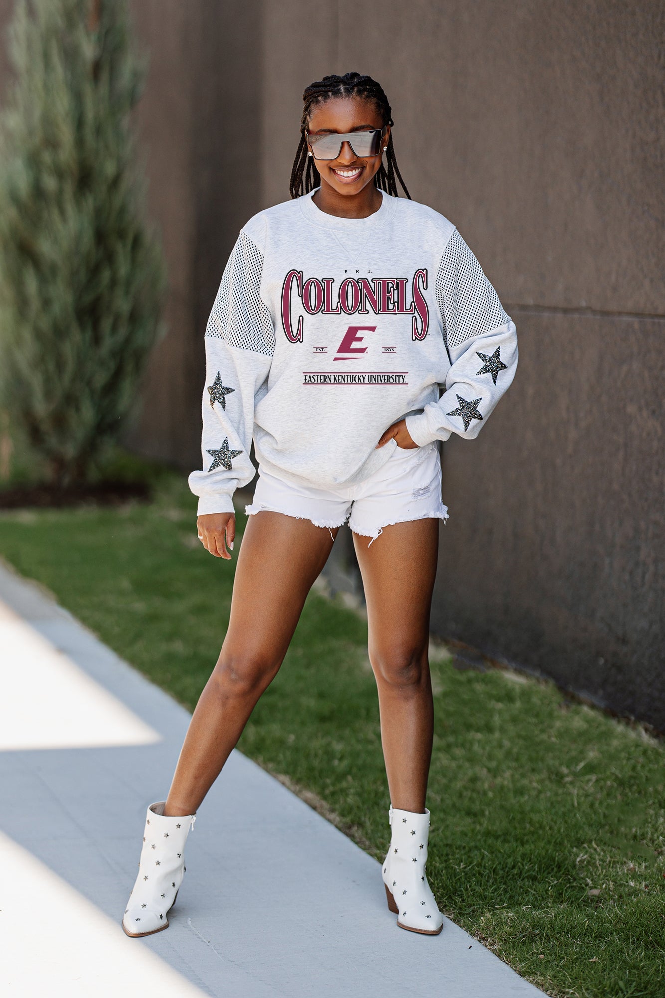 EASTERN KENTUCKY COLONELS SHINING SPIRIT CREWNECK FLEECE WITH JERSEY MESH CONTRASTING SHOULDER INSERT AND RIBBED CUFFS AND WAISTBAND