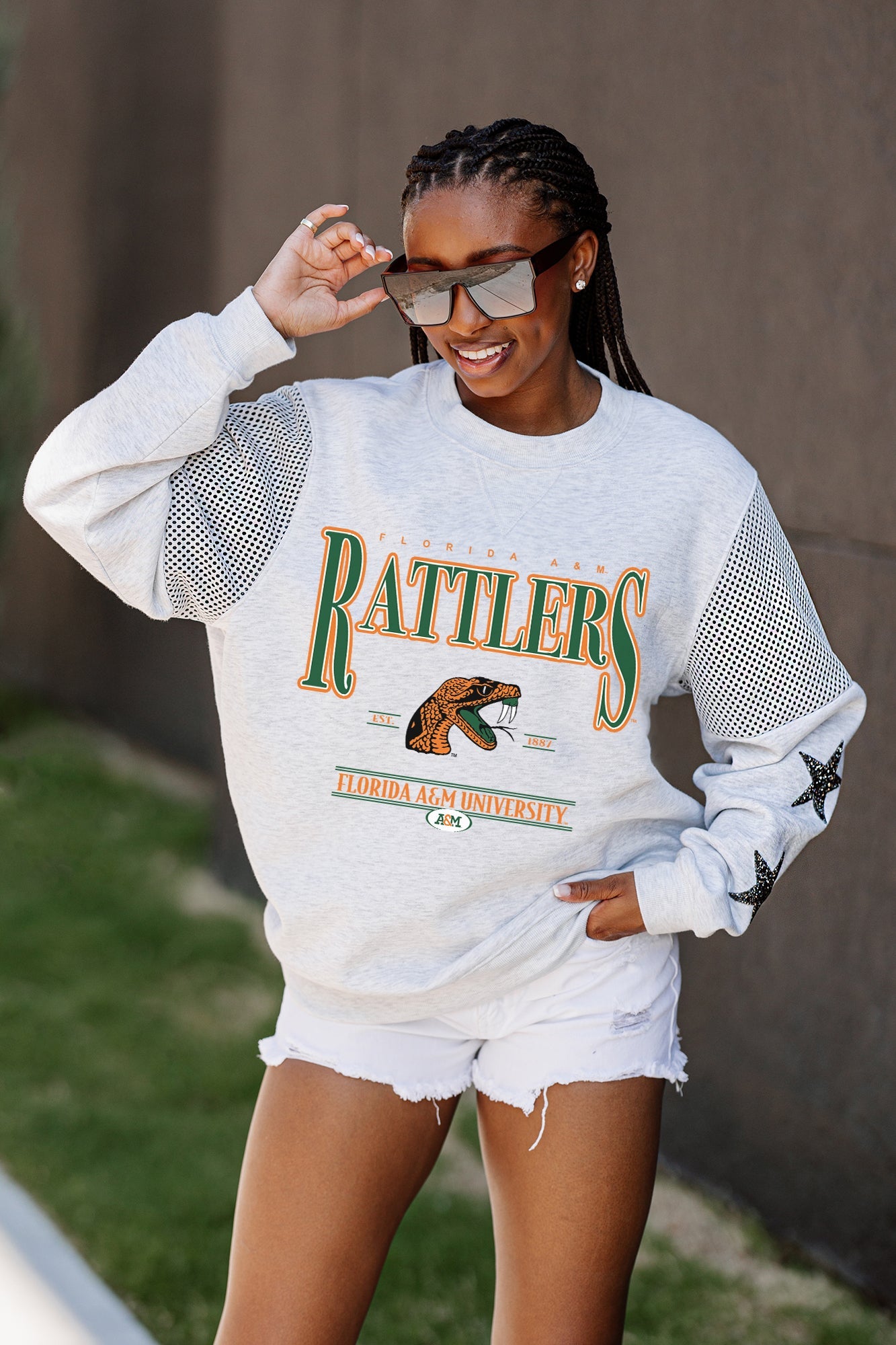 FLORIDA A&M RATTLERS SHINING SPIRIT CREWNECK FLEECE WITH JERSEY MESH CONTRASTING SHOULDER INSERT AND RIBBED CUFFS AND WAISTBAND