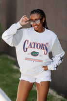 FLORIDA GATORS SHINING SPIRIT CREWNECK FLEECE WITH JERSEY MESH CONTRASTING SHOULDER INSERT AND RIBBED CUFFS AND WAISTBAND