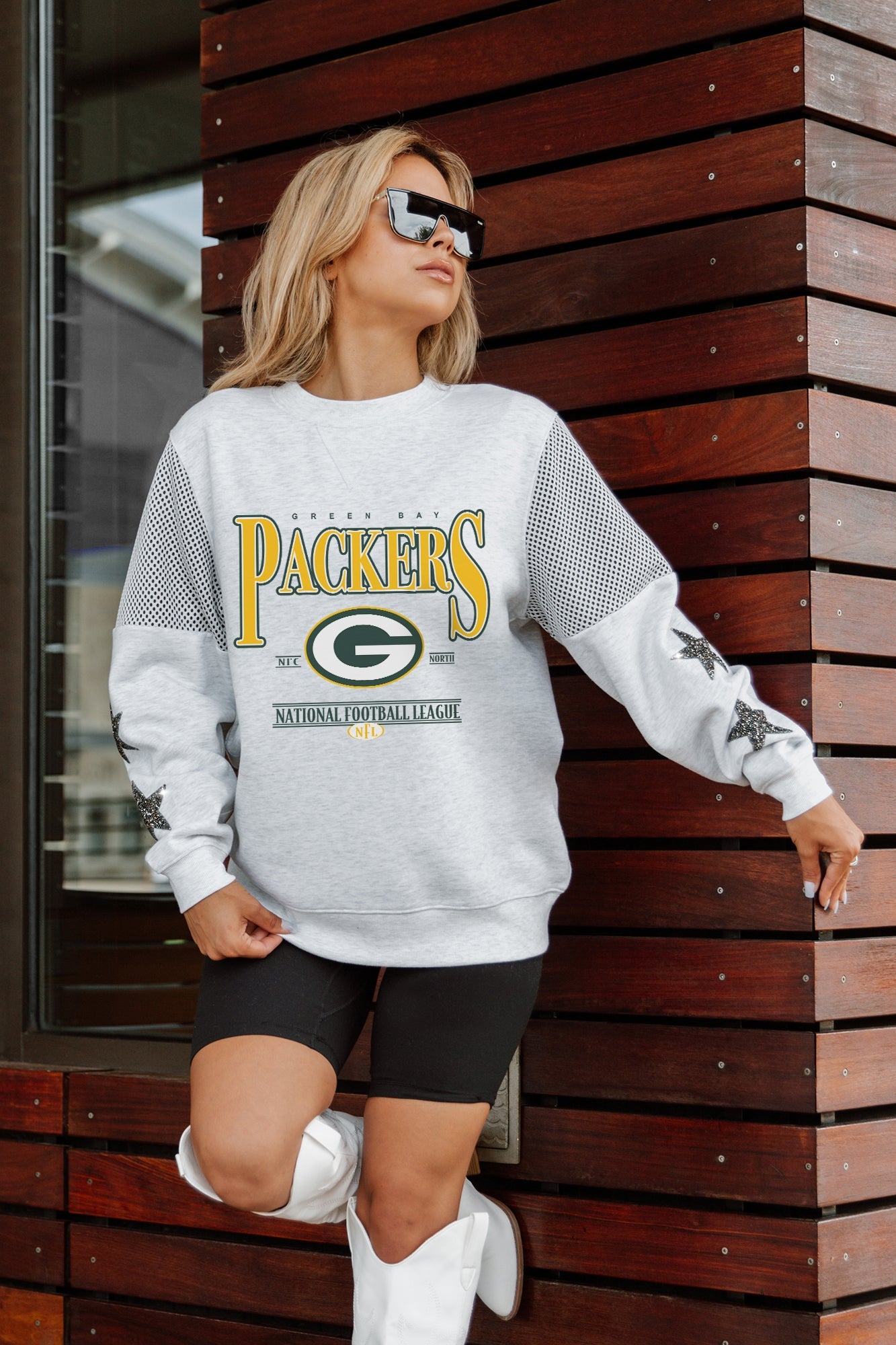 GREEN BAY PACKERS SHINING SPIRIT CREWNECK FLEECE WITH JERSEY MESH CONTRASTING SHOULDER INSERT