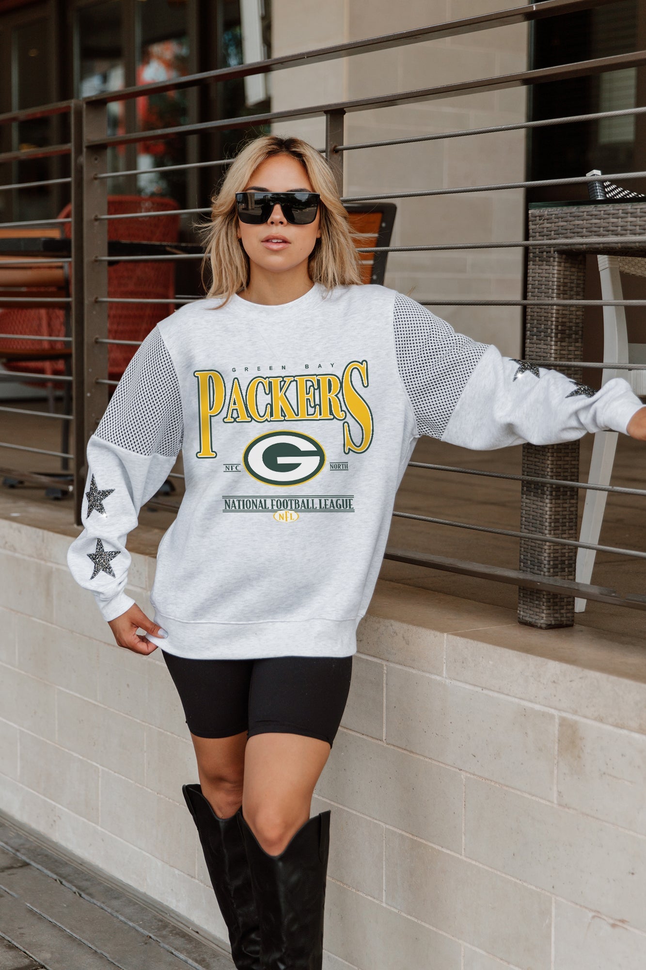 GREEN BAY PACKERS SHINING SPIRIT CREWNECK FLEECE WITH JERSEY MESH CONTRASTING SHOULDER INSERT