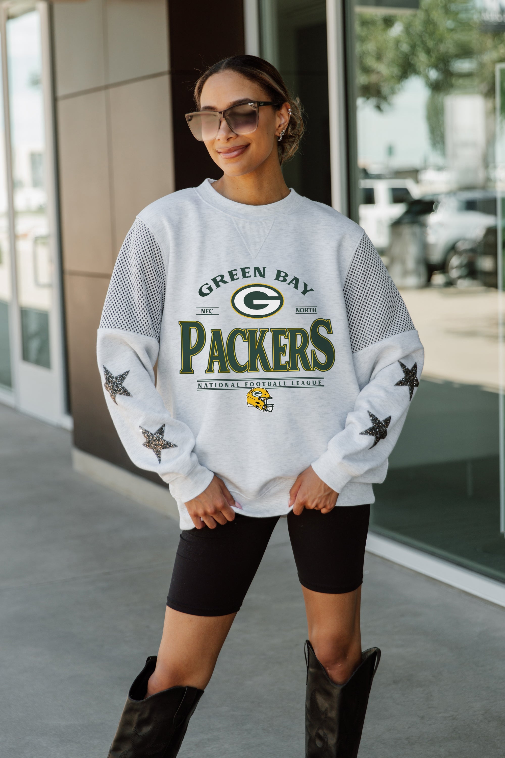 GREEN BAY PACKERS SWEET MOVES CREWNECK FLEECE WITH JERSEY MESH CONTRASTING SHOULDER INSERT