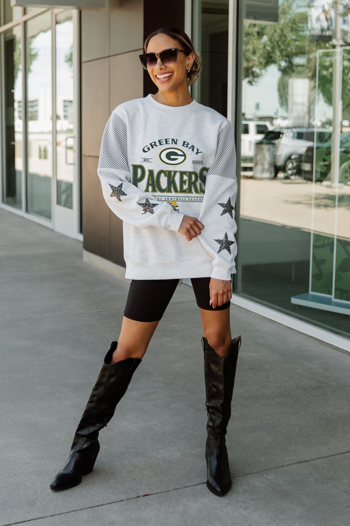 GREEN BAY PACKERS SWEET MOVES CREWNECK FLEECE WITH JERSEY MESH CONTRASTING SHOULDER INSERT