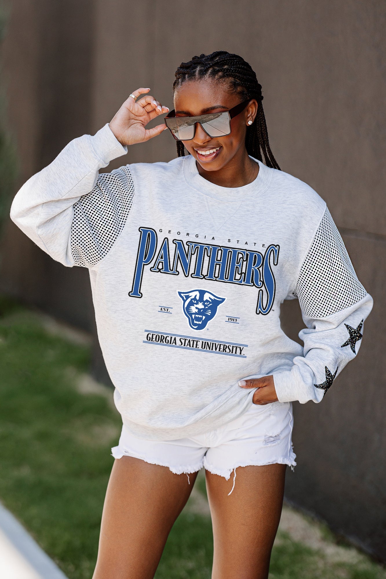 GEORGIA STATE PANTHERS SHINING SPIRIT CREWNECK FLEECE WITH JERSEY MESH CONTRASTING SHOULDER INSERT AND RIBBED CUFFS AND WAISTBAND