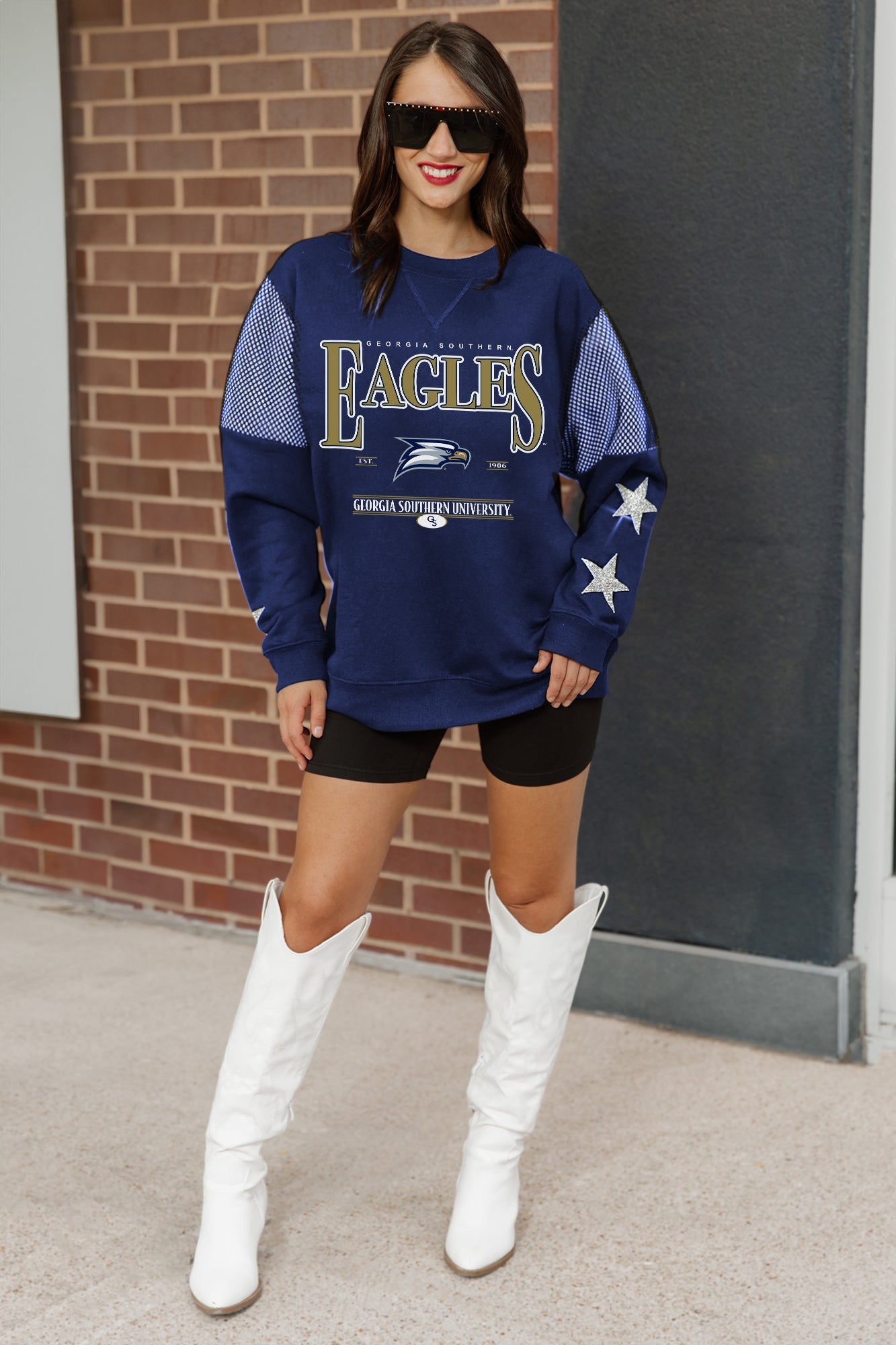 GEORGIA SOUTHERN EAGLES SHINING SPIRIT CREWNECK FLEECE WITH JERSEY MESH CONTRASTING SHOULDER INSERT AND RIBBED CUFFS AND WAISTBAND