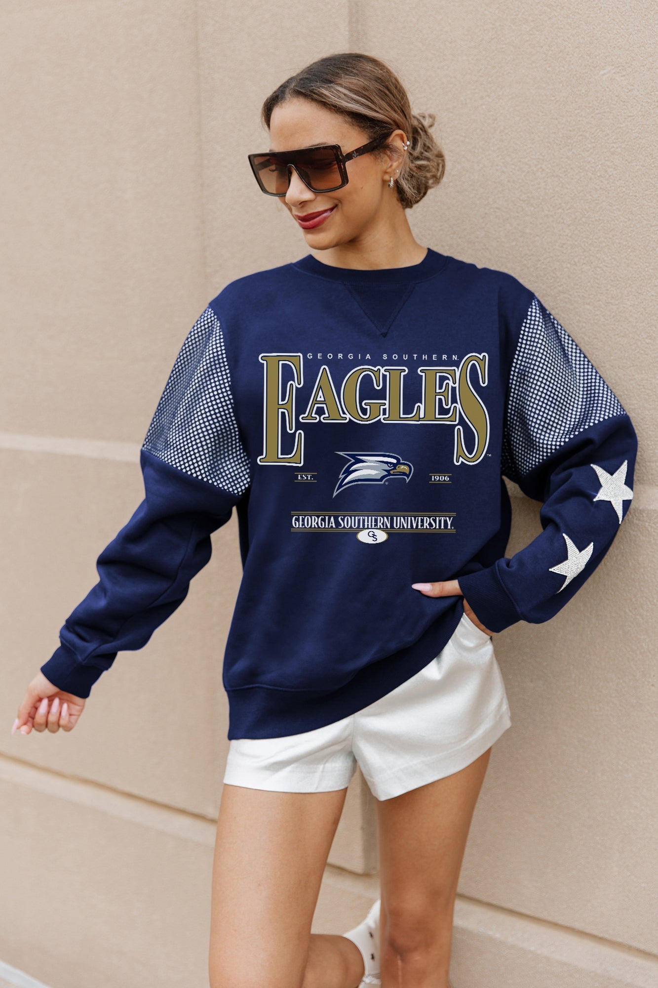 GEORGIA SOUTHERN EAGLES SHINING SPIRIT CREWNECK FLEECE WITH JERSEY MESH CONTRASTING SHOULDER INSERT AND RIBBED CUFFS AND WAISTBAND