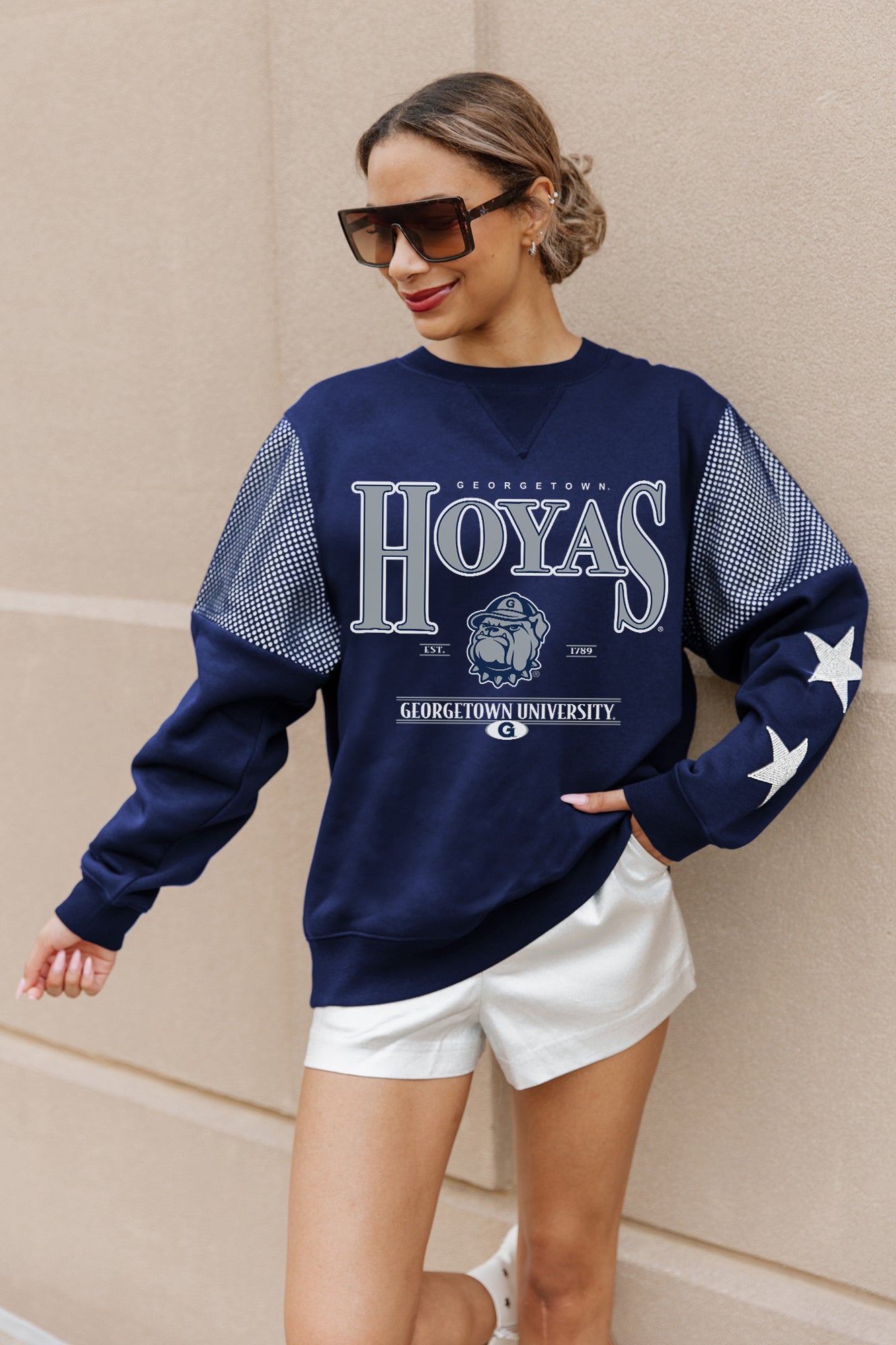 GEORGETOWN HOYAS SHINING SPIRIT CREWNECK FLEECE WITH JERSEY MESH CONTRASTING SHOULDER INSERT AND RIBBED CUFFS AND WAISTBAND