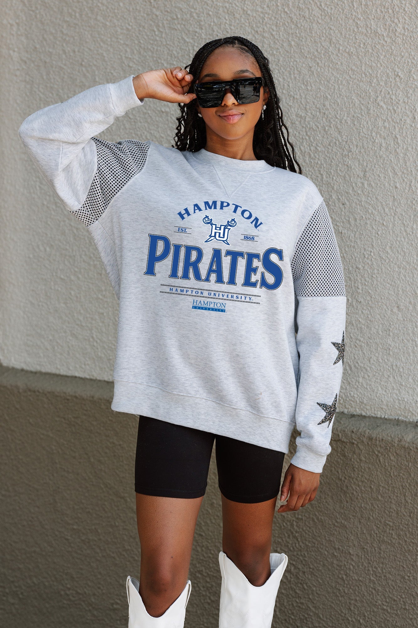 HAMPTON PIRATES SWEET MOVES CREWNECK FLEECE WITH JERSEY MESH CONTRASTING SHOULDER INSERT