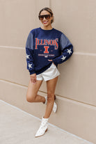 ILLINOIS FIGHTING ILLINI SHINING SPIRIT CREWNECK FLEECE WITH JERSEY MESH CONTRASTING SHOULDER INSERT AND RIBBED CUFFS AND WAISTBAND