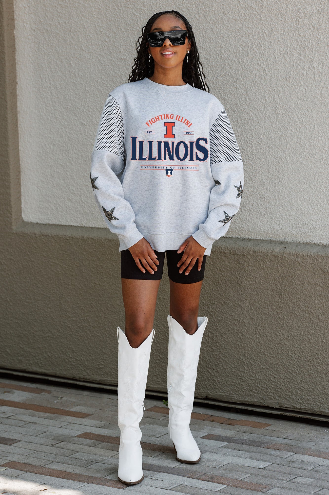 ILLINOIS FIGHTING ILLINI SWEET MOVES CREWNECK FLEECE WITH JERSEY MESH CONTRASTING SHOULDER INSERT