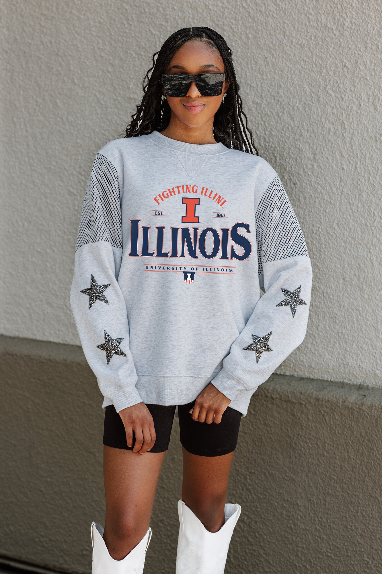 ILLINOIS FIGHTING ILLINI SWEET MOVES CREWNECK FLEECE WITH JERSEY MESH CONTRASTING SHOULDER INSERT