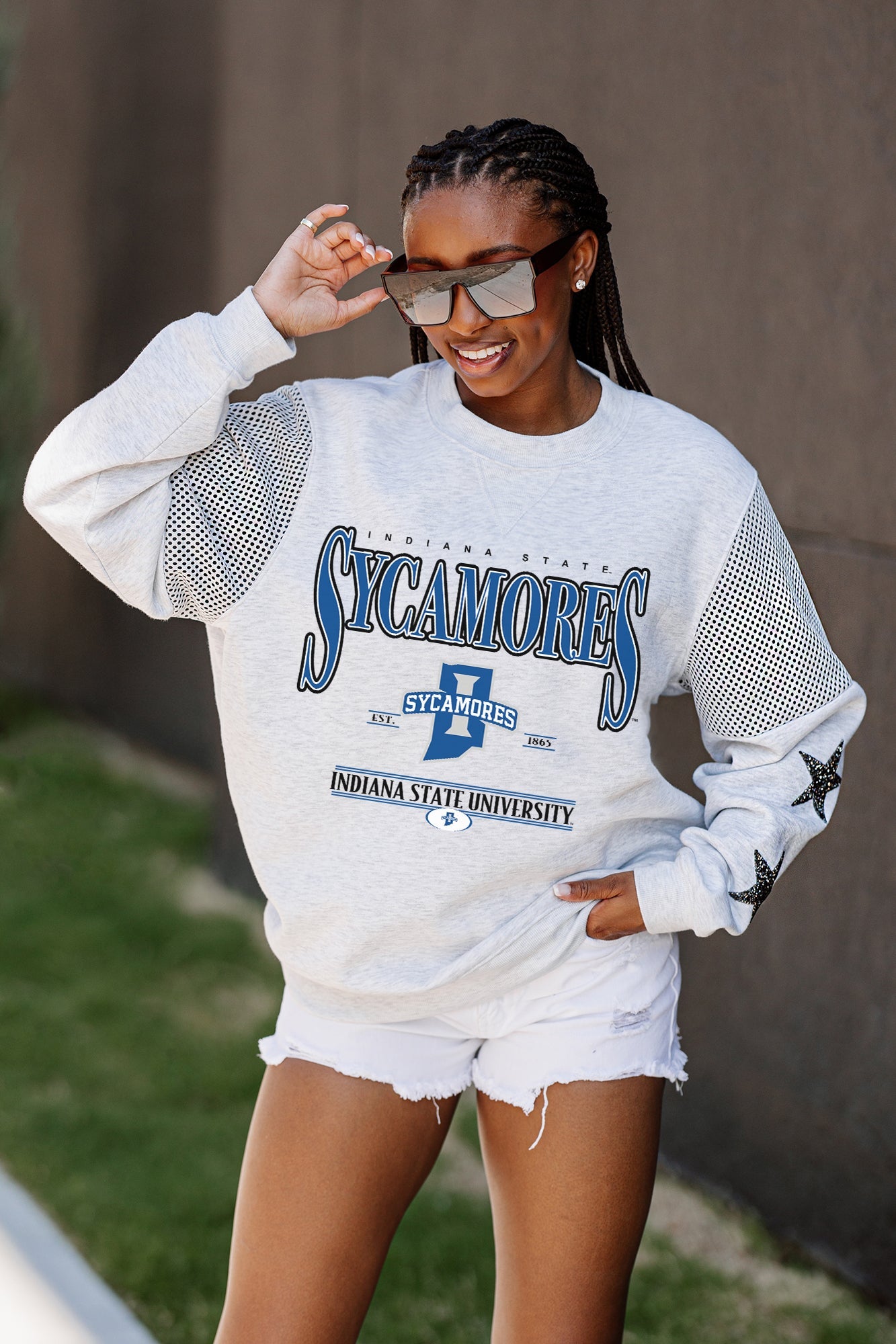 INDIANA STATE SYCAMORES SHINING SPIRIT CREWNECK FLEECE WITH JERSEY MESH CONTRASTING SHOULDER INSERT AND RIBBED CUFFS AND WAISTBAND