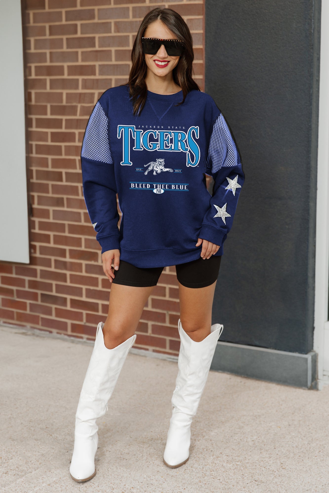 JACKSON STATE TIGERS SHINING SPIRIT CREWNECK FLEECE WITH JERSEY MESH CONTRASTING SHOULDER INSERT AND RIBBED CUFFS AND WAISTBAND