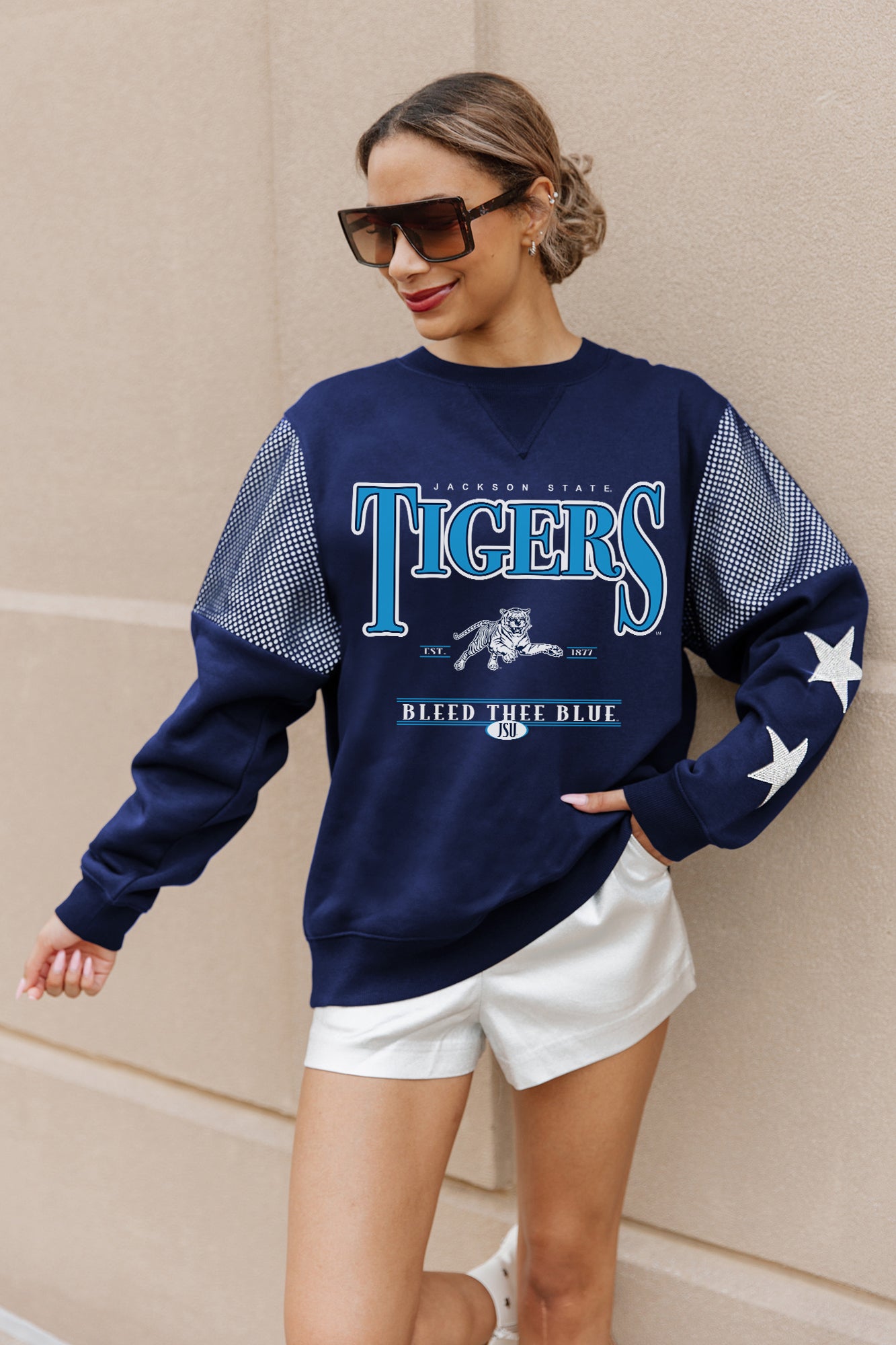 JACKSON STATE TIGERS SHINING SPIRIT CREWNECK FLEECE WITH JERSEY MESH CONTRASTING SHOULDER INSERT AND RIBBED CUFFS AND WAISTBAND