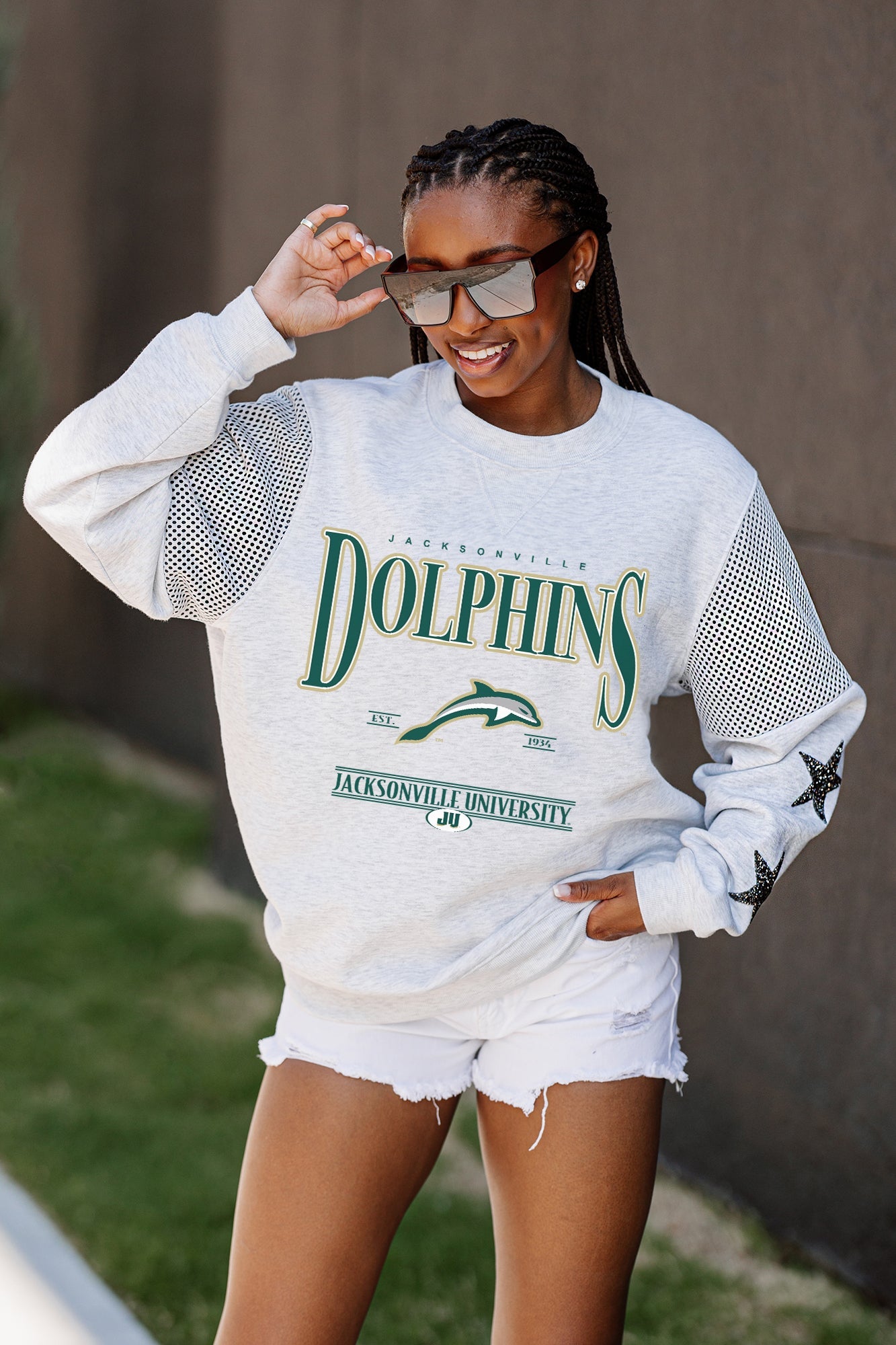 JACKSONVILLE DOLPHINS SHINING SPIRIT CREWNECK FLEECE WITH JERSEY MESH CONTRASTING SHOULDER INSERT AND RIBBED CUFFS AND WAISTBAND