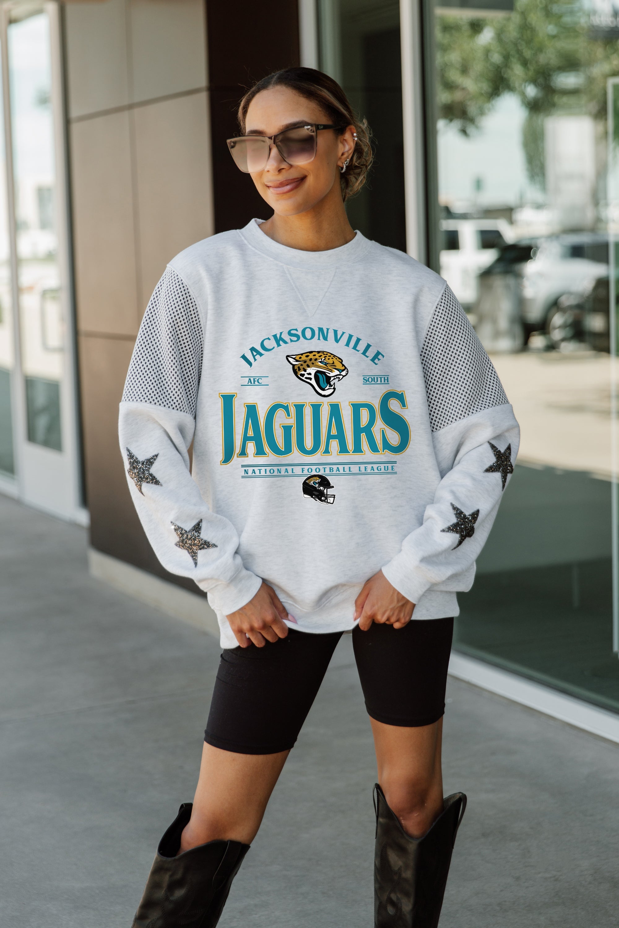 JACKSONVILLE JAGUARS SWEET MOVES CREWNECK FLEECE WITH JERSEY MESH CONTRASTING SHOULDER INSERT