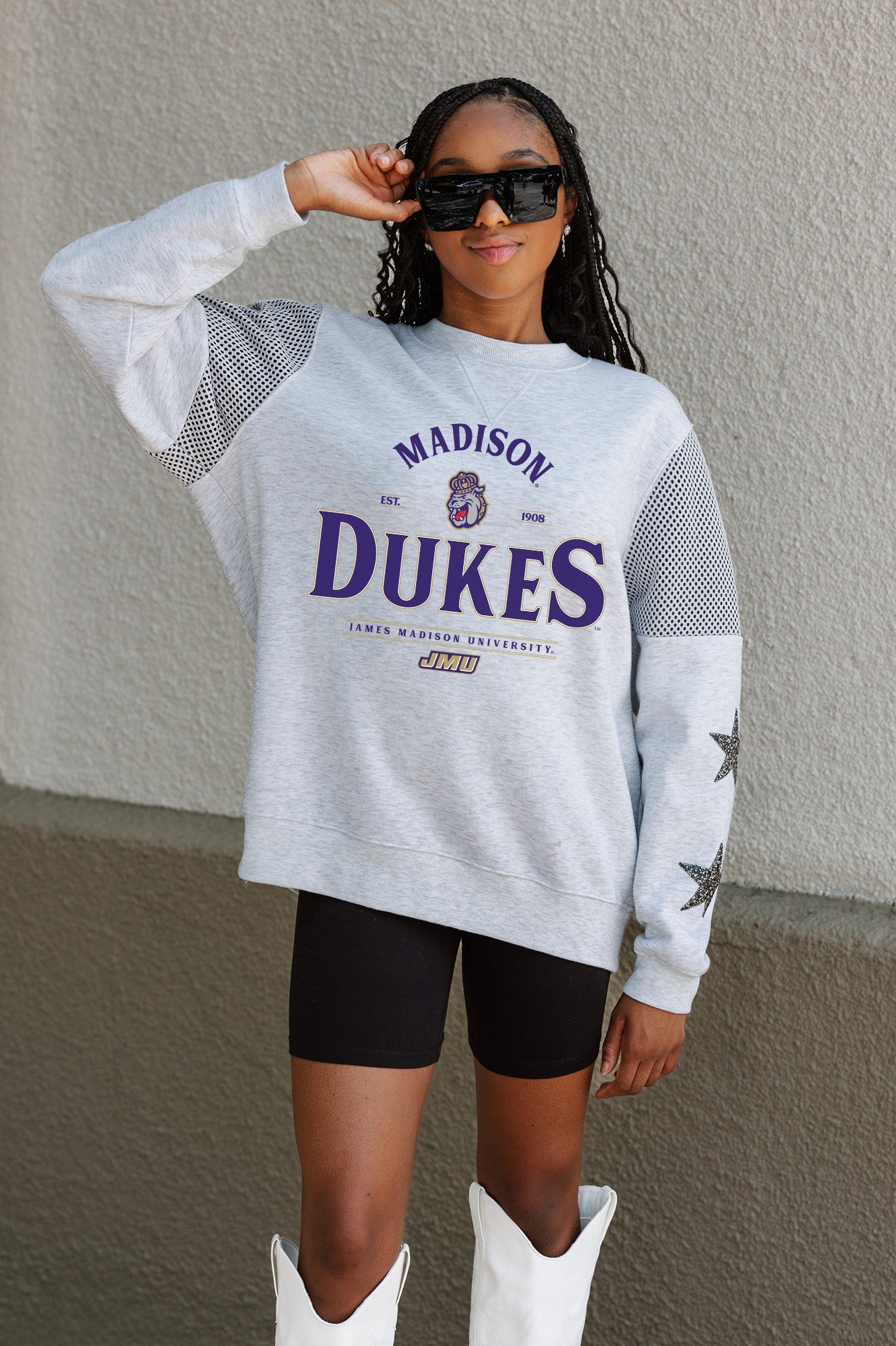 JAMES MADISON DUKES SWEET MOVES CREWNECK FLEECE WITH JERSEY MESH CONTRASTING SHOULDER INSERT