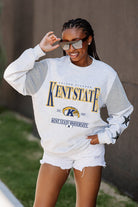 KENT STATE GOLDEN FLASHES SHINING SPIRIT CREWNECK FLEECE WITH JERSEY MESH CONTRASTING SHOULDER INSERT AND RIBBED CUFFS AND WAISTBAND