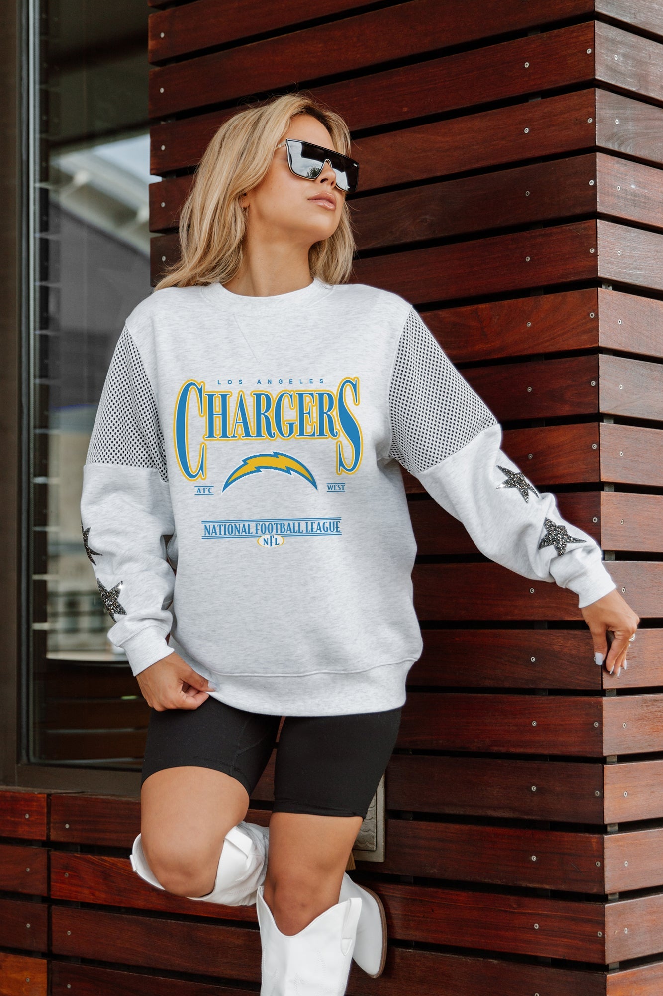 LOS ANGELES CHARGERS SHINING SPIRIT CREWNECK FLEECE WITH JERSEY MESH CONTRASTING SHOULDER INSERT