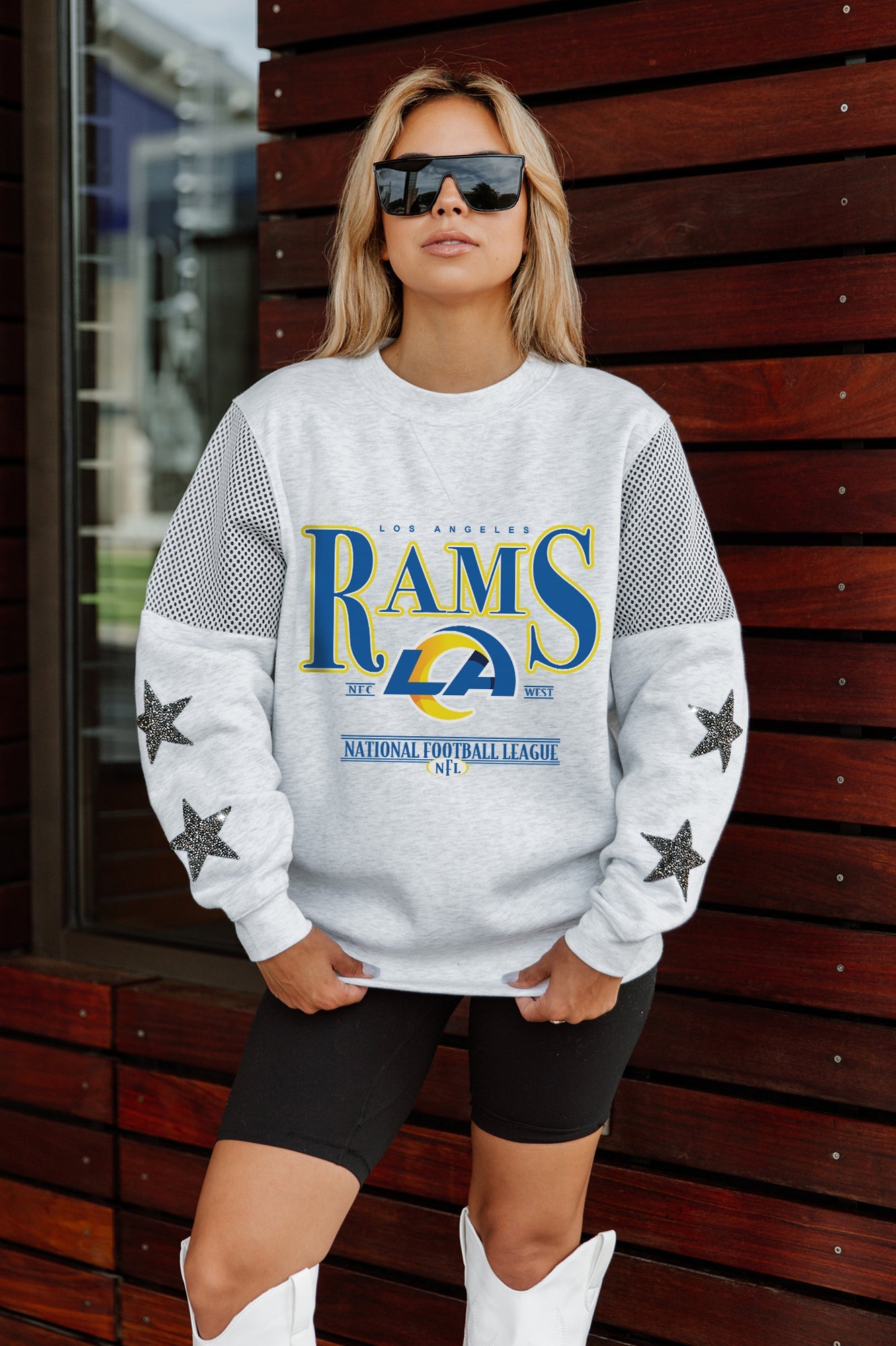 LOS ANGELES RAMS SHINING SPIRIT CREWNECK FLEECE WITH JERSEY MESH CONTRASTING SHOULDER INSERT