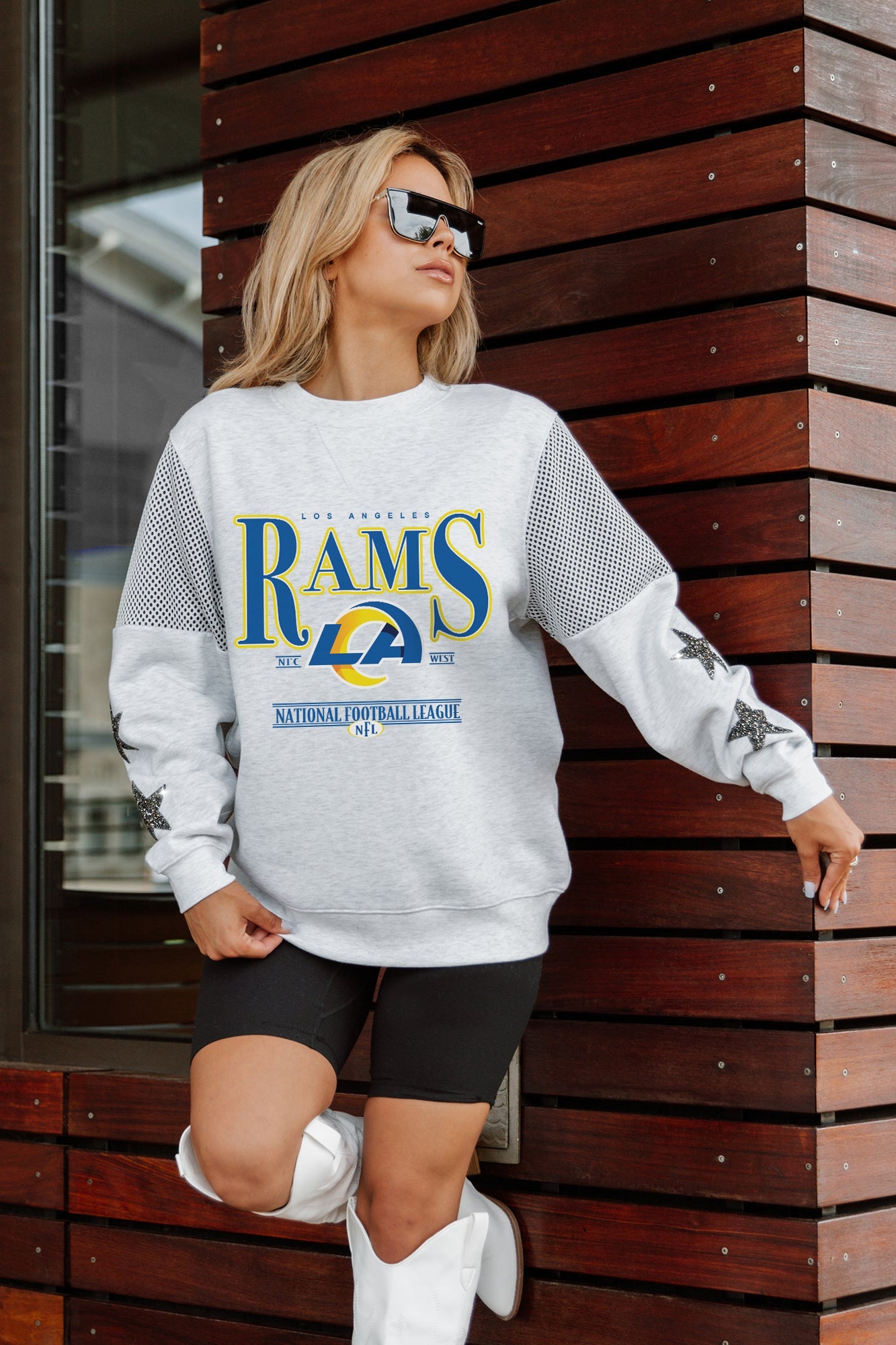 LOS ANGELES RAMS SHINING SPIRIT CREWNECK FLEECE WITH JERSEY MESH CONTRASTING SHOULDER INSERT