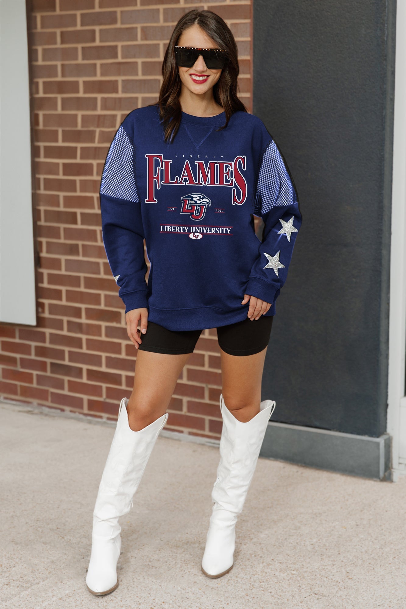 LIBERTY FLAMES SHINING SPIRIT CREWNECK FLEECE WITH JERSEY MESH CONTRASTING SHOULDER INSERT AND RIBBED CUFFS AND WAISTBAND