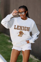 LEHIGH MOUNTAIN HAWKS SHINING SPIRIT CREWNECK FLEECE WITH JERSEY MESH CONTRASTING SHOULDER INSERT AND RIBBED CUFFS AND WAISTBAND