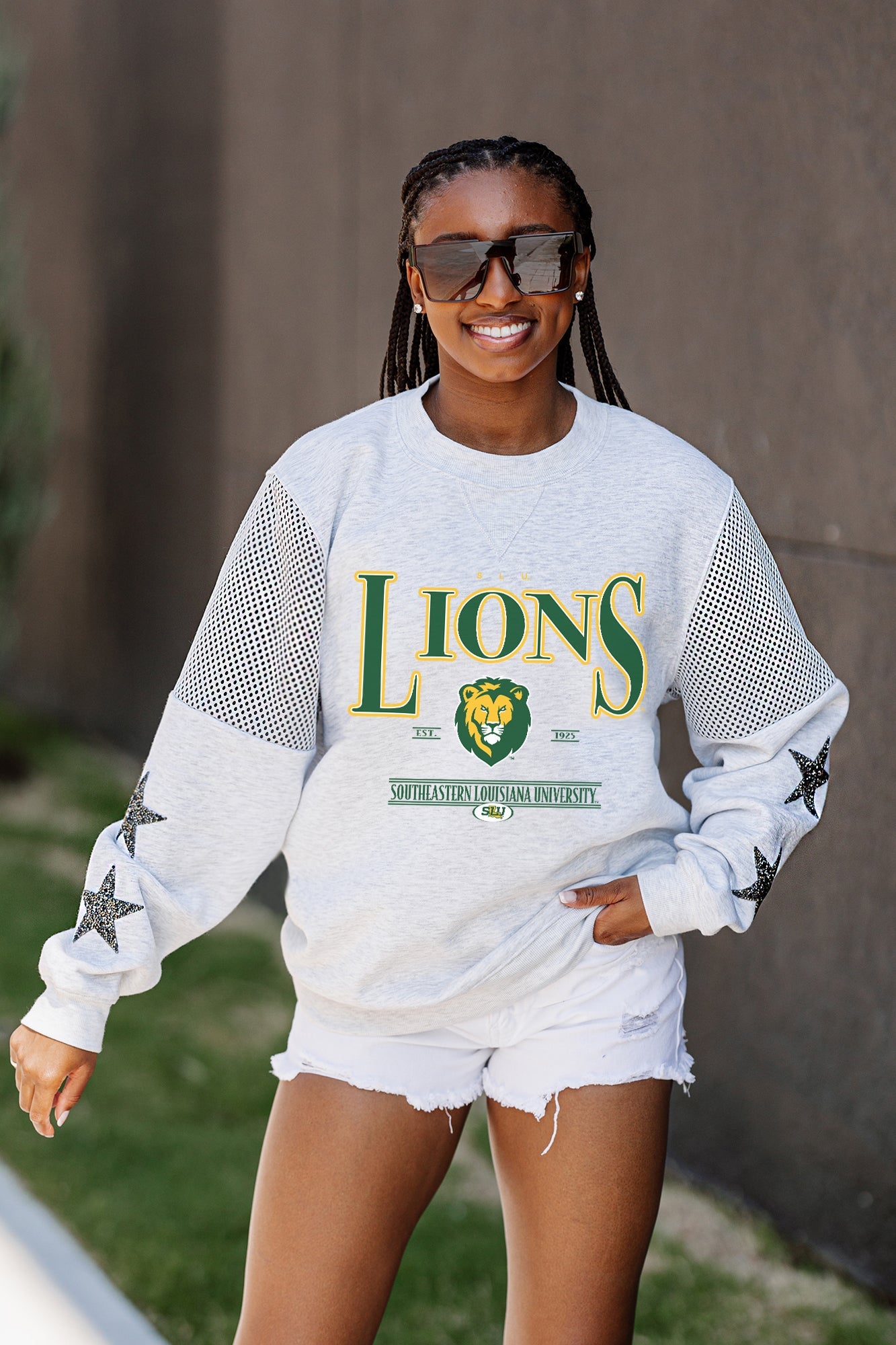 SOUTHEASTERN LOUISIANA LIONS SHINING SPIRIT CREWNECK FLEECE WITH JERSEY MESH CONTRASTING SHOULDER INSERT AND RIBBED CUFFS AND WAISTBAND