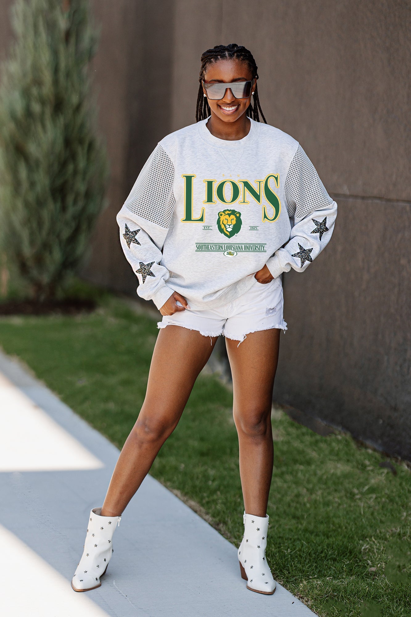 SOUTHEASTERN LOUISIANA LIONS SHINING SPIRIT CREWNECK FLEECE WITH JERSEY MESH CONTRASTING SHOULDER INSERT AND RIBBED CUFFS AND WAISTBAND