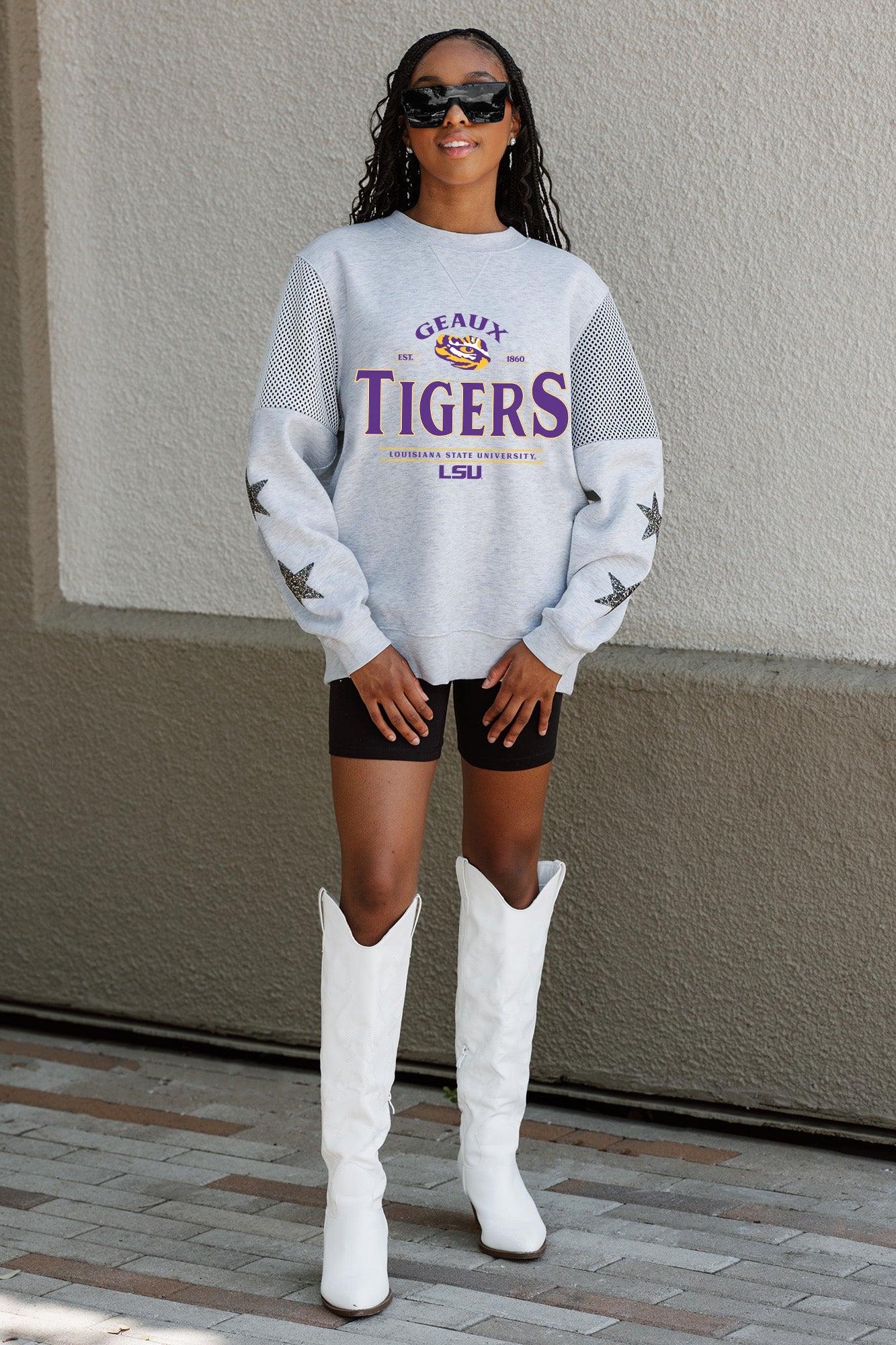 LSU TIGERS SWEET MOVES CREWNECK FLEECE WITH JERSEY MESH CONTRASTING SHOULDER INSERT