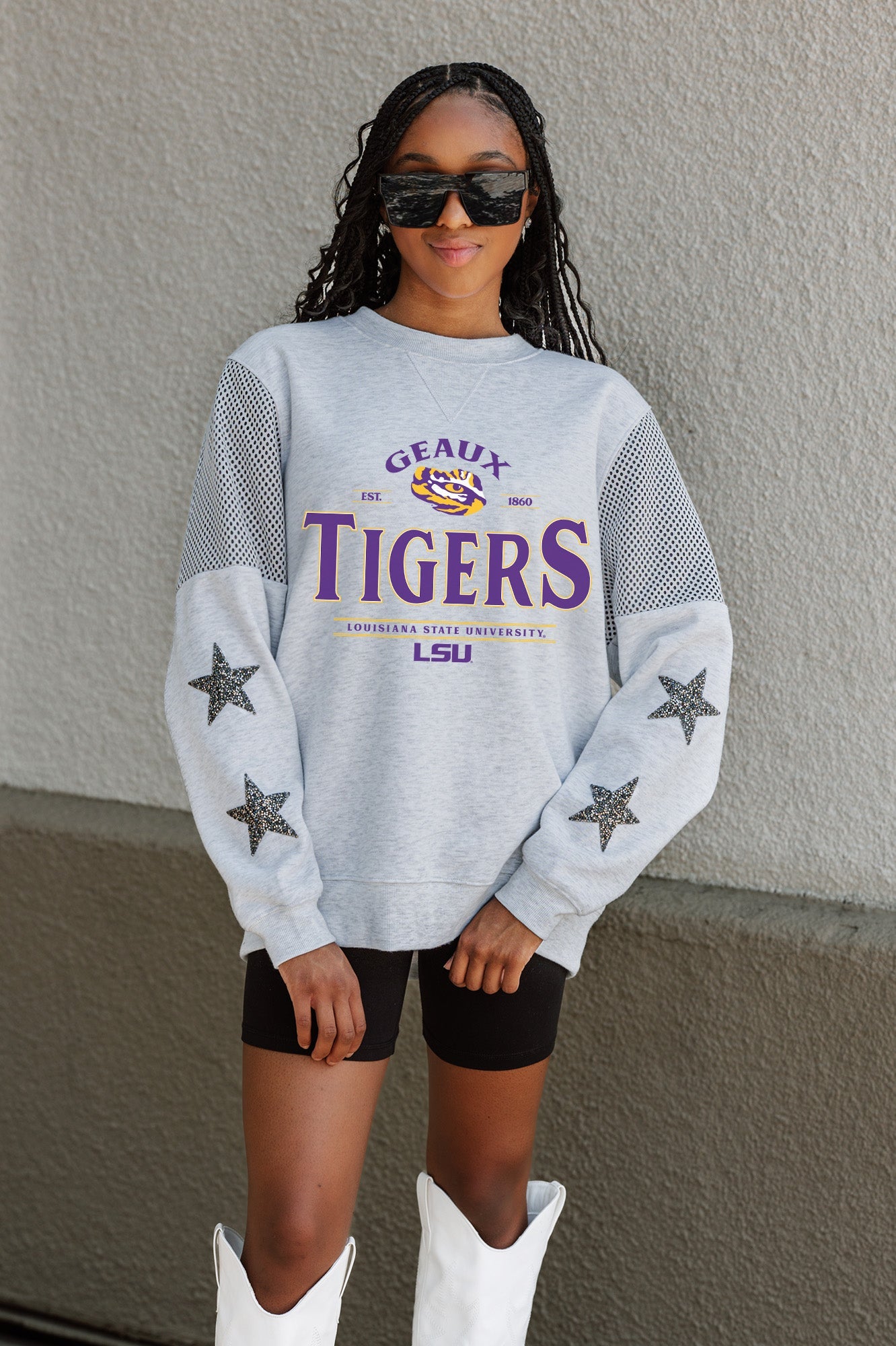 LSU TIGERS SWEET MOVES CREWNECK FLEECE WITH JERSEY MESH CONTRASTING SHOULDER INSERT