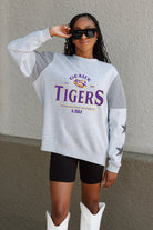 LSU TIGERS SWEET MOVES CREWNECK FLEECE WITH JERSEY MESH CONTRASTING SHOULDER INSERT