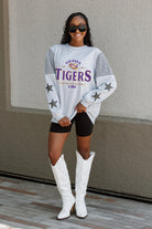 LSU TIGERS SWEET MOVES CREWNECK FLEECE WITH JERSEY MESH CONTRASTING SHOULDER INSERT