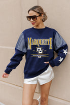 MARQUETTE GOLDEN EAGLES SHINING SPIRIT CREWNECK FLEECE WITH JERSEY MESH CONTRASTING SHOULDER INSERT AND RIBBED CUFFS AND WAISTBAND