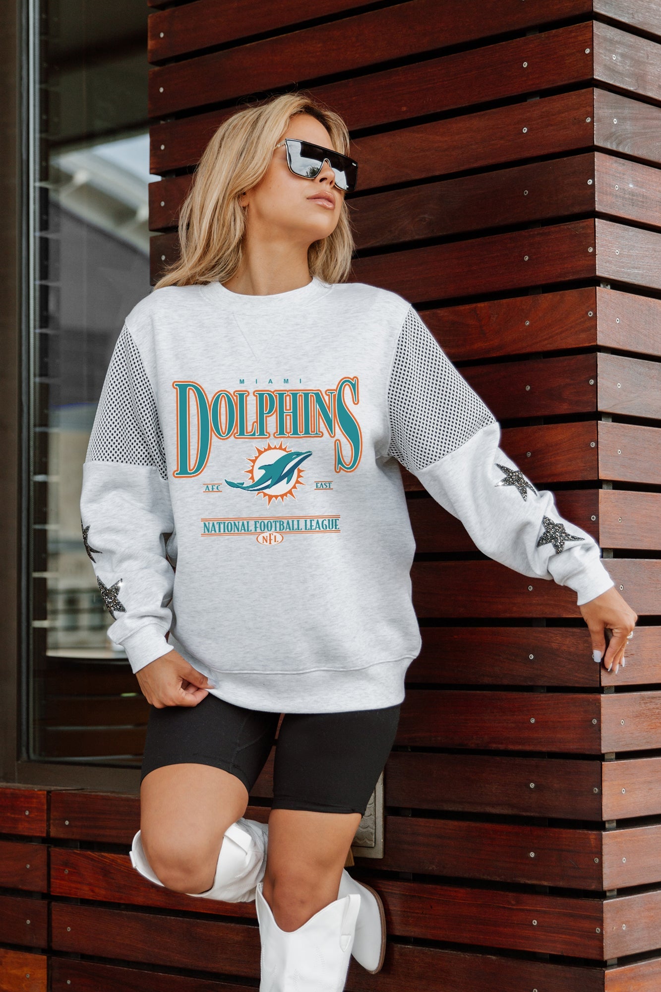 MIAMI DOLPHINS SHINING SPIRIT CREWNECK FLEECE WITH JERSEY MESH CONTRASTING SHOULDER INSERT