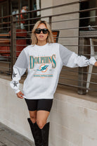 MIAMI DOLPHINS SHINING SPIRIT CREWNECK FLEECE WITH JERSEY MESH CONTRASTING SHOULDER INSERT