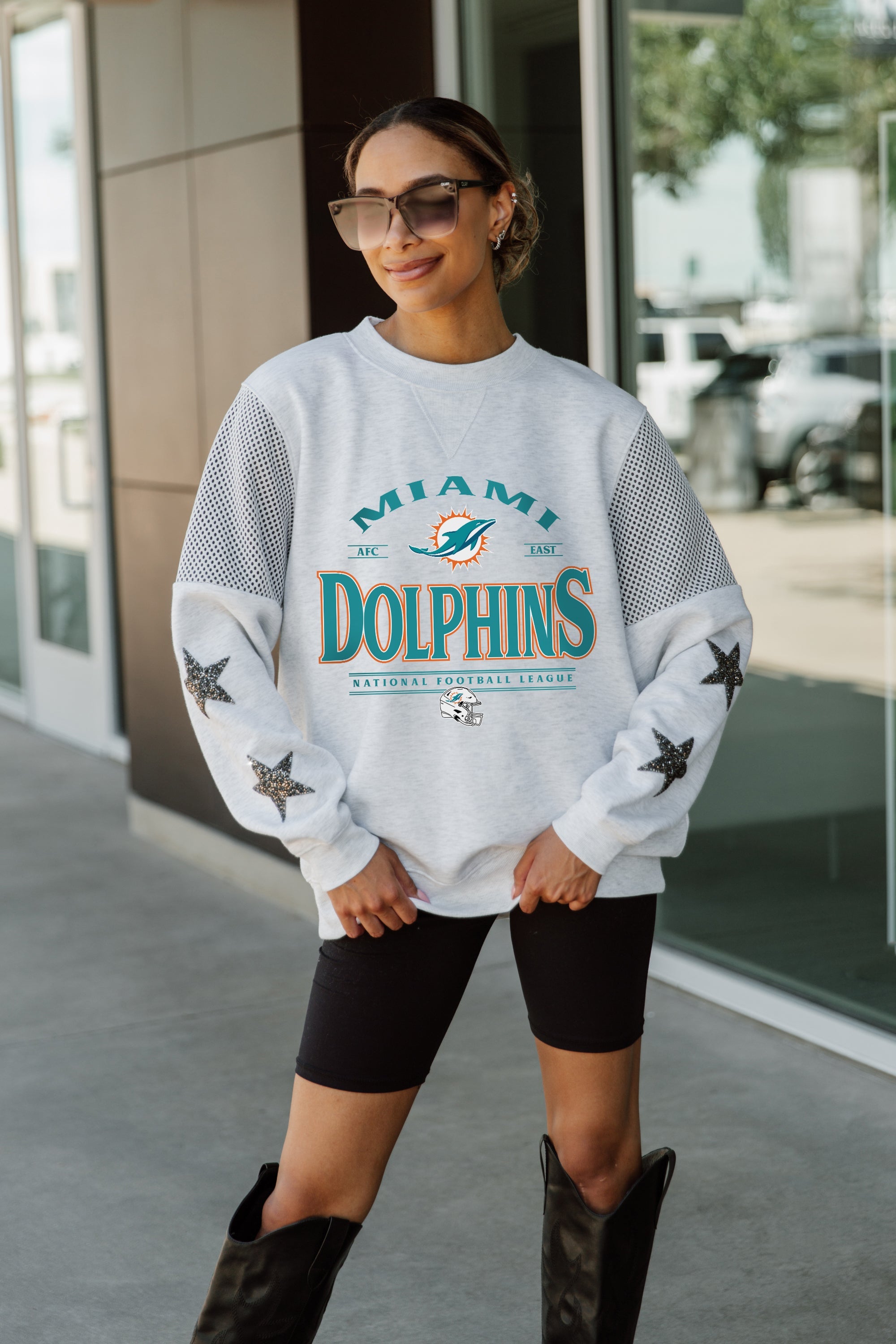 MIAMI DOLPHINS SWEET MOVES CREWNECK FLEECE WITH JERSEY MESH CONTRASTING SHOULDER INSERT