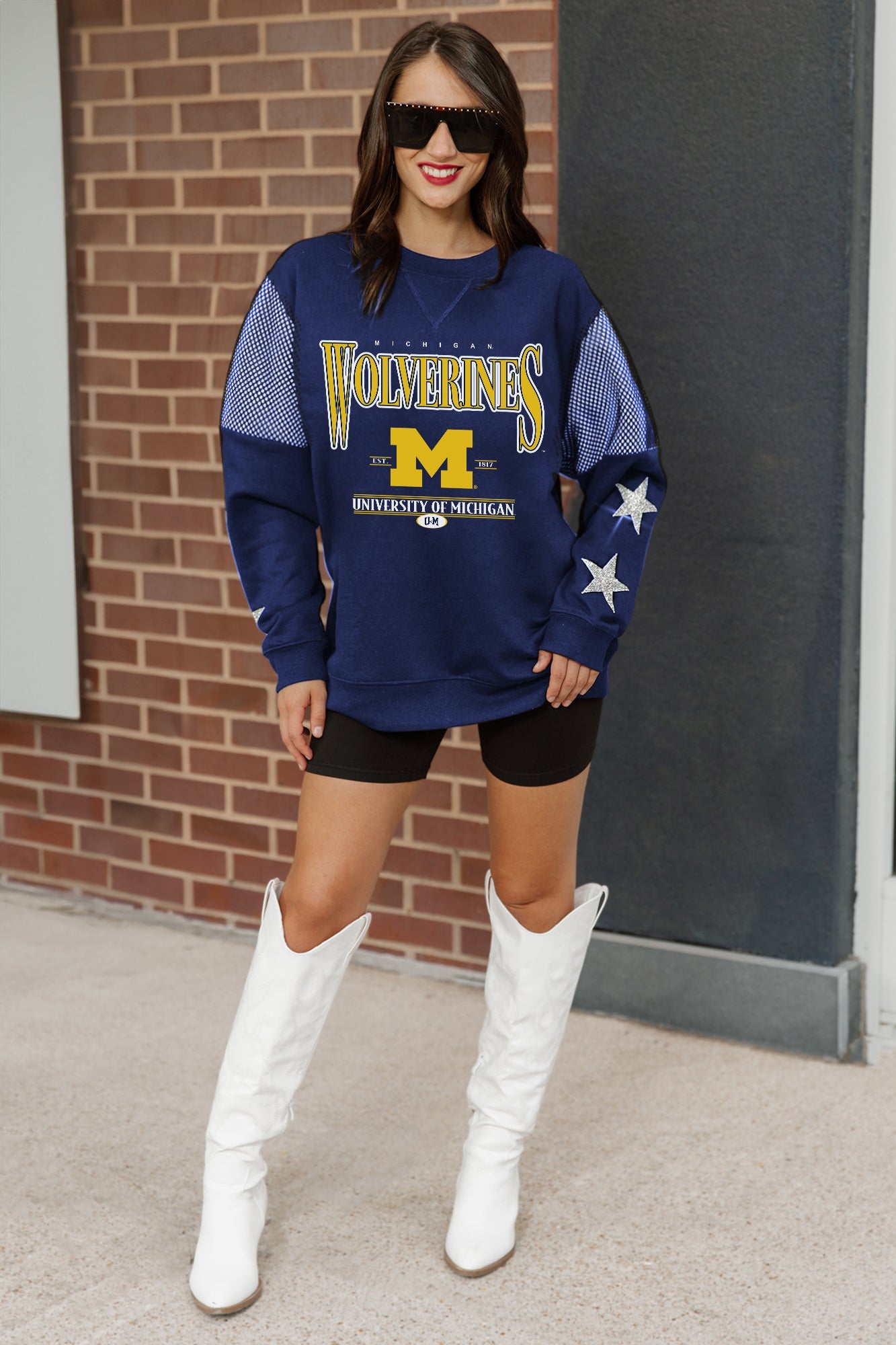 MICHIGAN WOLVERINES SHINING SPIRIT CREWNECK FLEECE WITH JERSEY MESH CONTRASTING SHOULDER INSERT AND RIBBED CUFFS AND WAISTBAND