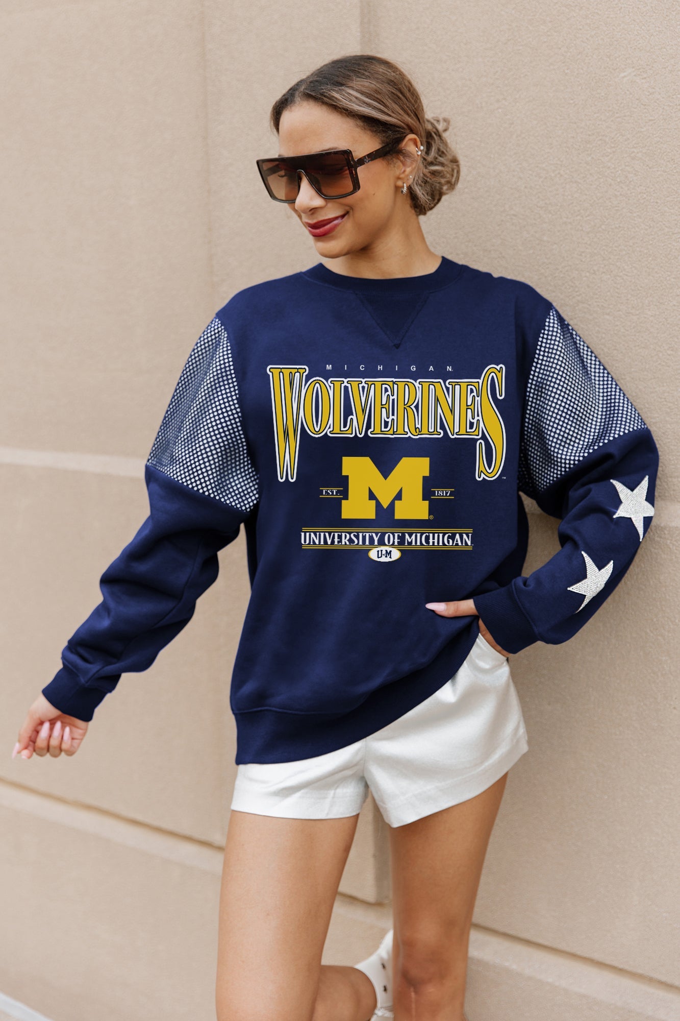 MICHIGAN WOLVERINES SHINING SPIRIT CREWNECK FLEECE WITH JERSEY MESH CONTRASTING SHOULDER INSERT AND RIBBED CUFFS AND WAISTBAND