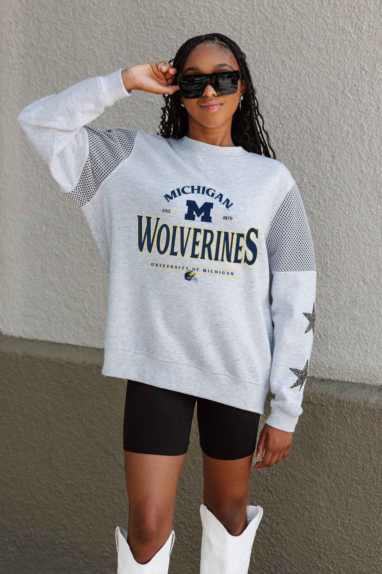 MICHIGAN WOLVERINES SWEET MOVES CREWNECK FLEECE WITH JERSEY MESH CONTRASTING SHOULDER INSERT