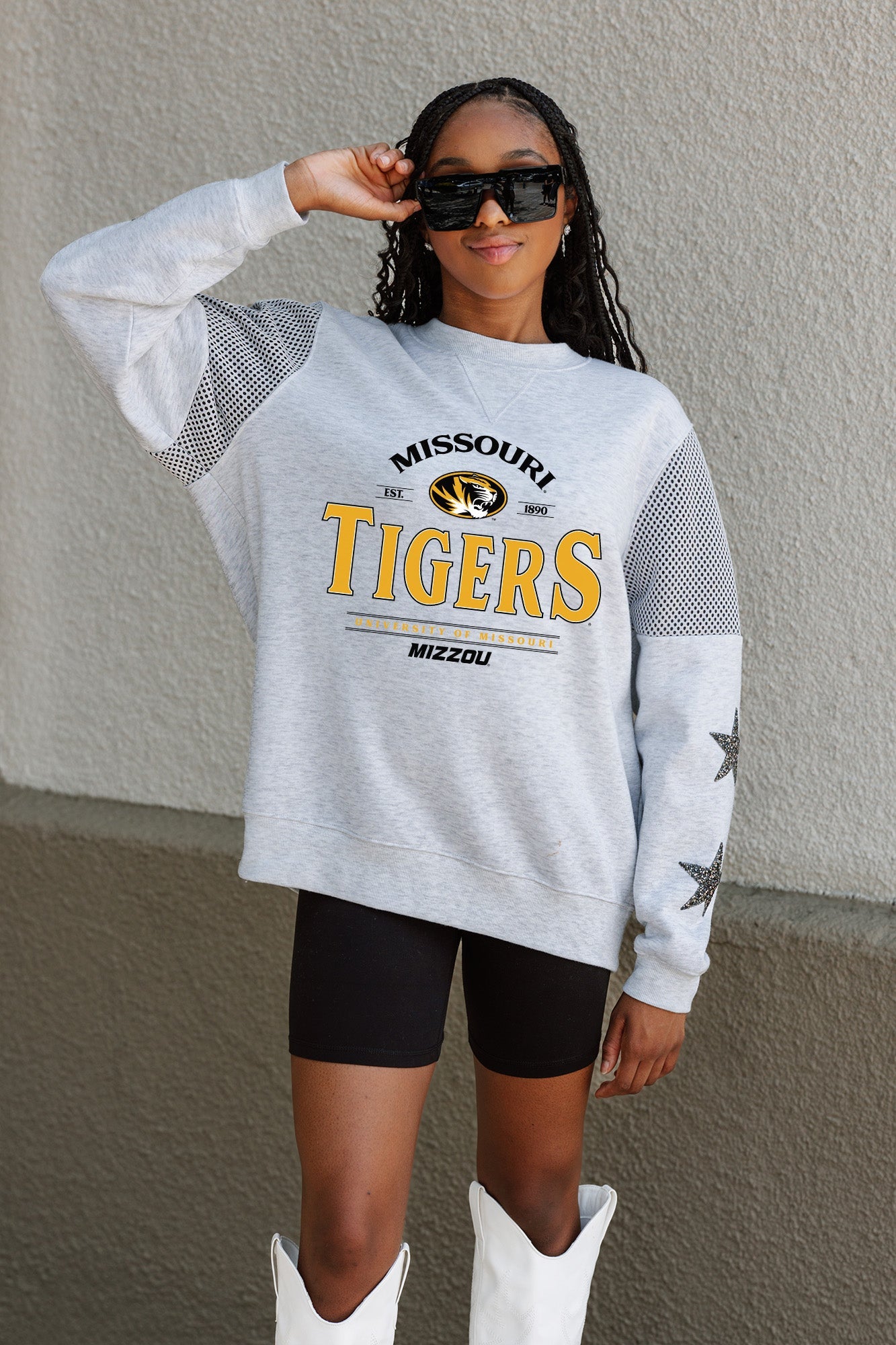 MISSOURI TIGERS SWEET MOVES CREWNECK FLEECE WITH JERSEY MESH CONTRASTING SHOULDER INSERT