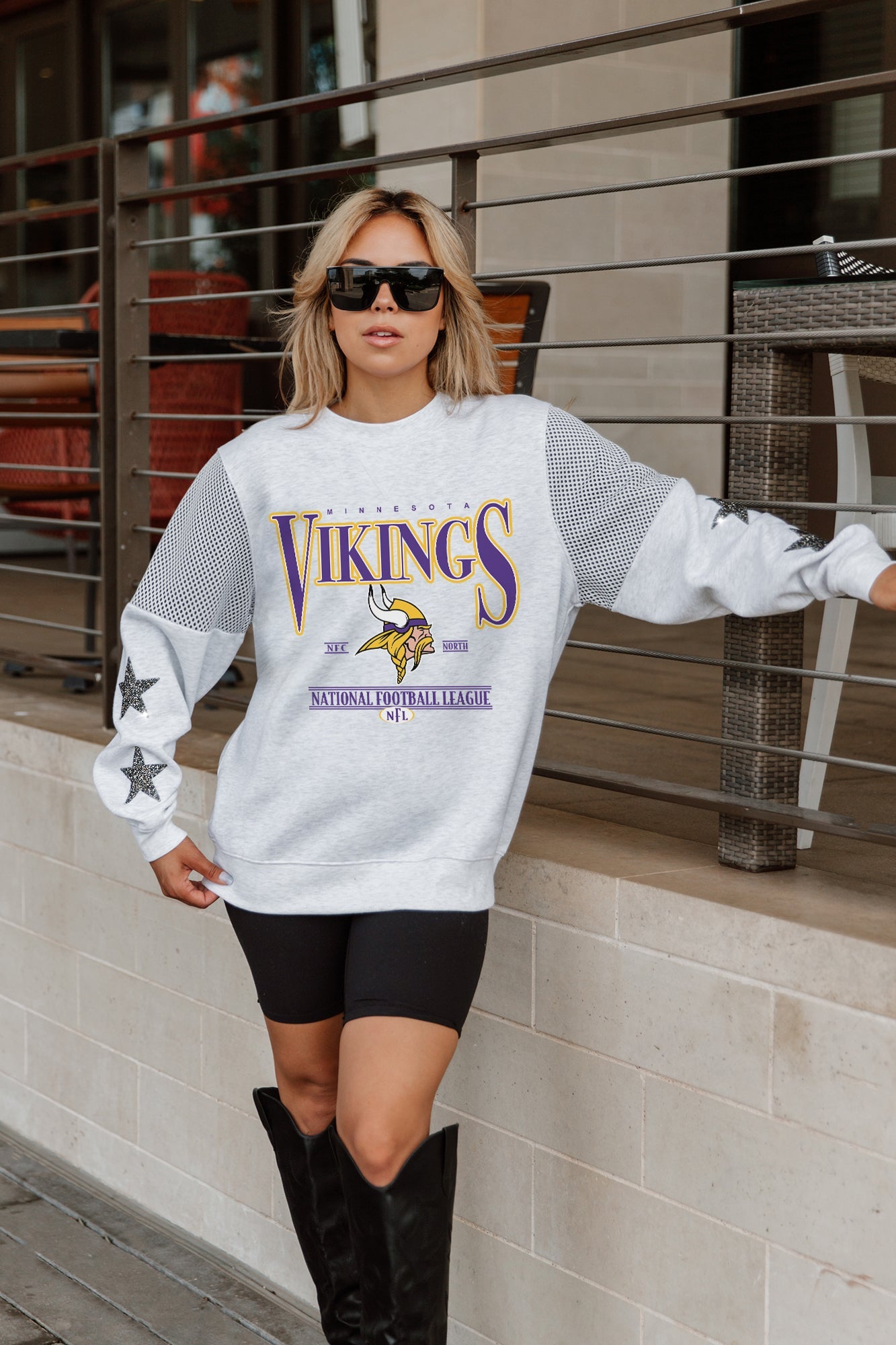 MINNESOTA VIKINGS SHINING SPIRIT CREWNECK FLEECE WITH JERSEY MESH CONTRASTING SHOULDER INSERT