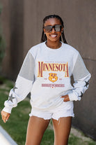 MINNESOTA GOLDEN GOPHERS SHINING SPIRIT CREWNECK FLEECE WITH JERSEY MESH CONTRASTING SHOULDER INSERT AND RIBBED CUFFS AND WAISTBAND