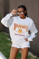 MINNESOTA GOLDEN GOPHERS SHINING SPIRIT CREWNECK FLEECE WITH JERSEY MESH CONTRASTING SHOULDER INSERT AND RIBBED CUFFS AND WAISTBAND