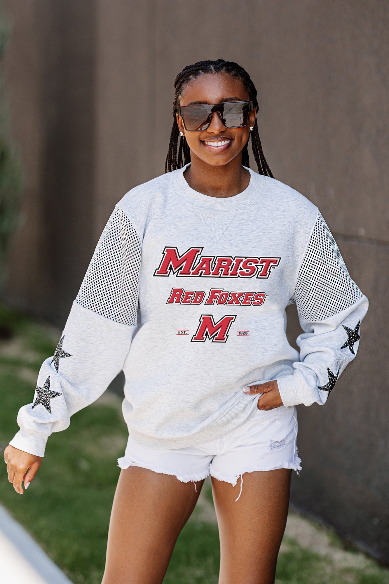 MARIST RED FOXES SHINING SPIRIT CREWNECK FLEECE WITH JERSEY MESH CONTRASTING SHOULDER INSERT AND RIBBED CUFFS AND WAISTBAND