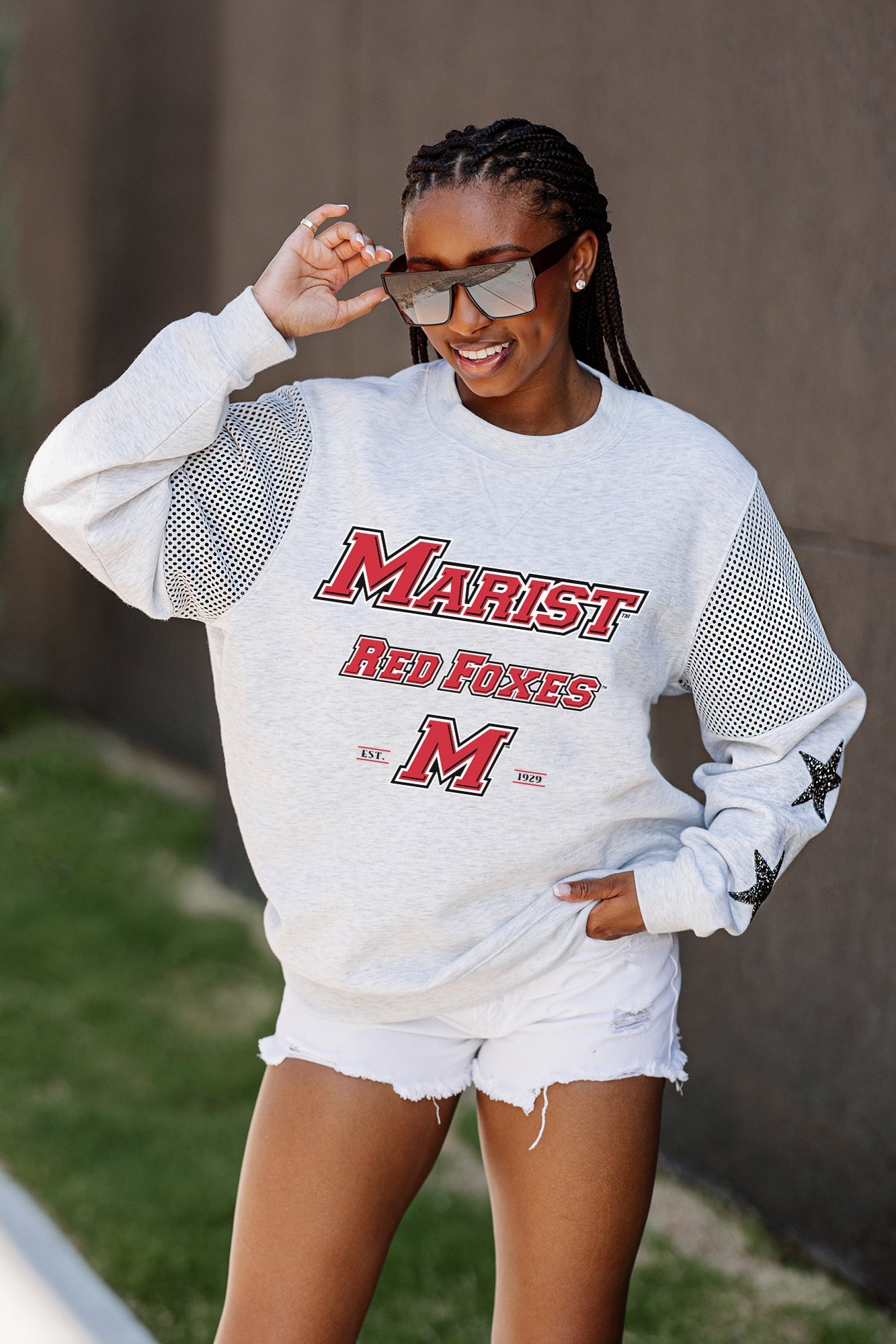 MARIST RED FOXES SHINING SPIRIT CREWNECK FLEECE WITH JERSEY MESH CONTRASTING SHOULDER INSERT AND RIBBED CUFFS AND WAISTBAND