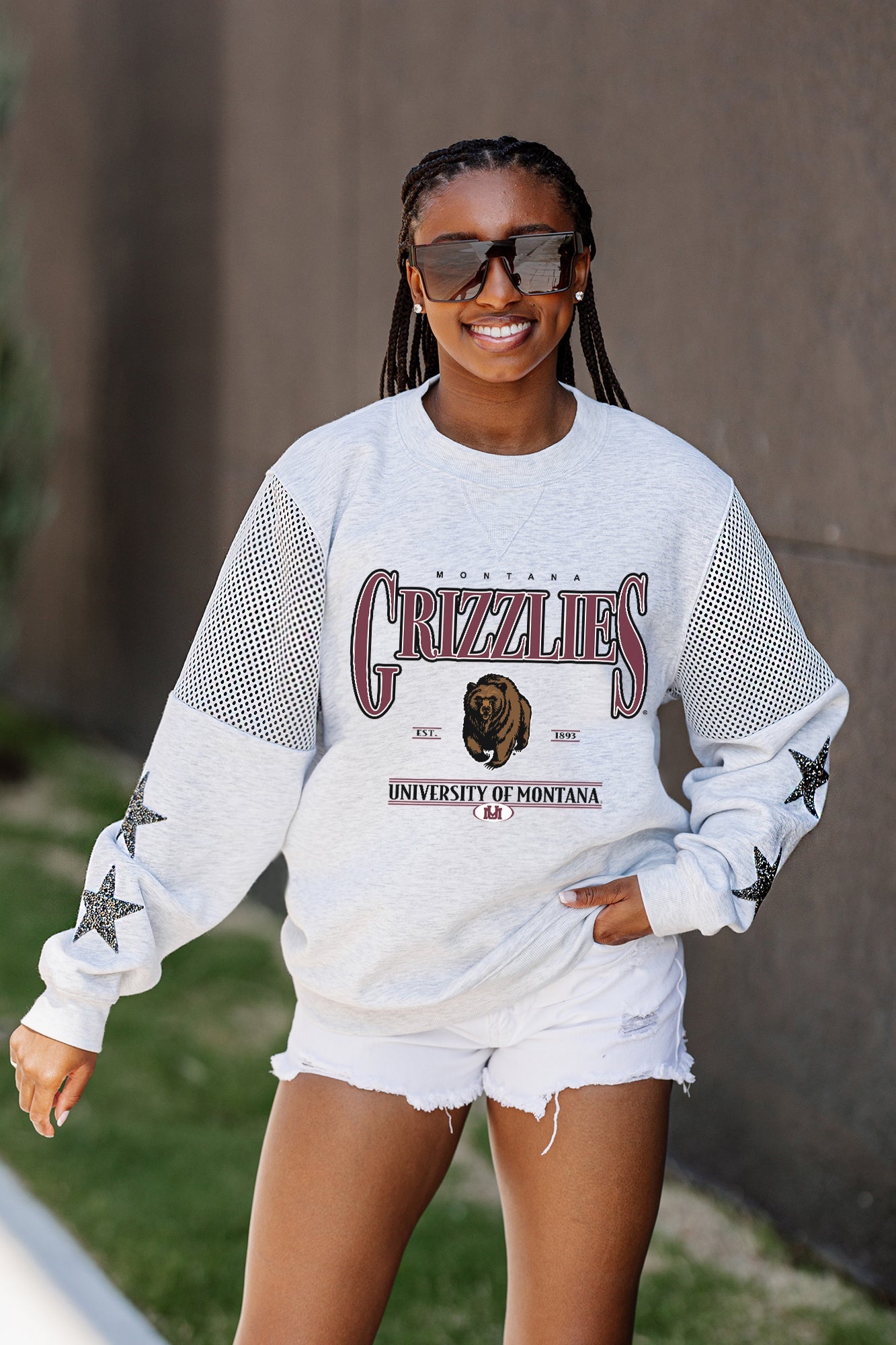 MONTANA GRIZZLIES SHINING SPIRIT CREWNECK FLEECE WITH JERSEY MESH CONTRASTING SHOULDER INSERT AND RIBBED CUFFS AND WAISTBAND